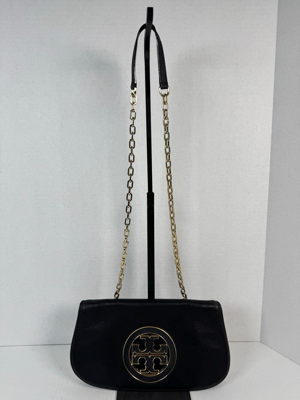 Tory Burch Amanda Black Pebbled Leather Chain Shoulder Bag Gold Logo